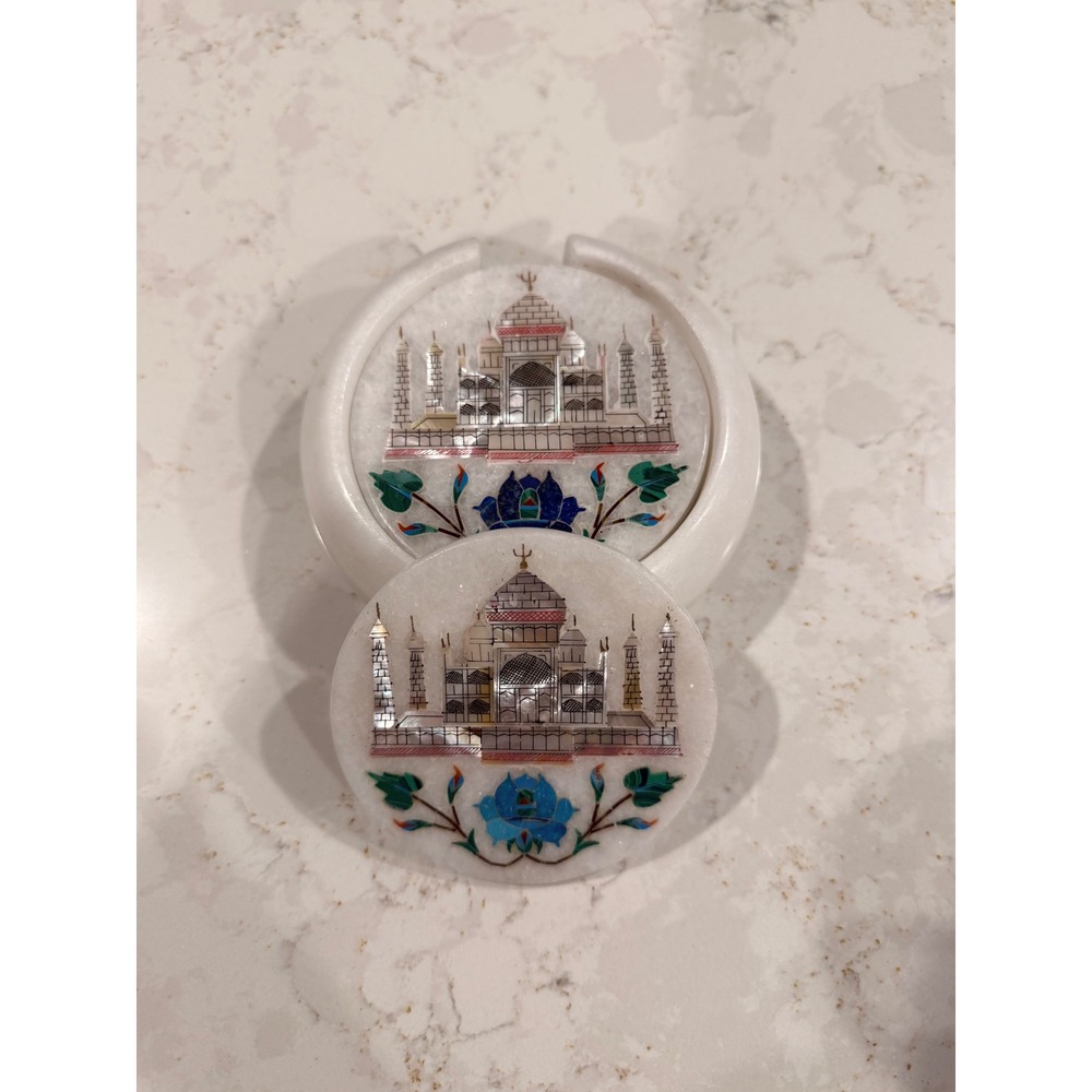 Rare Handmade White Marble Taj Mahal Indian Mother Of Pearl‎ Coaster Set of 6